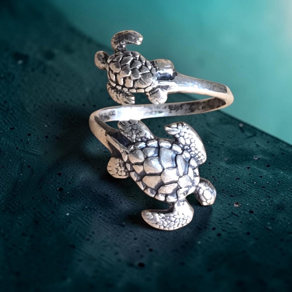 Vintage KABANA Sterling Silver Double Sea Turtle Wrap Ring Signed Rare 7.5 Adj